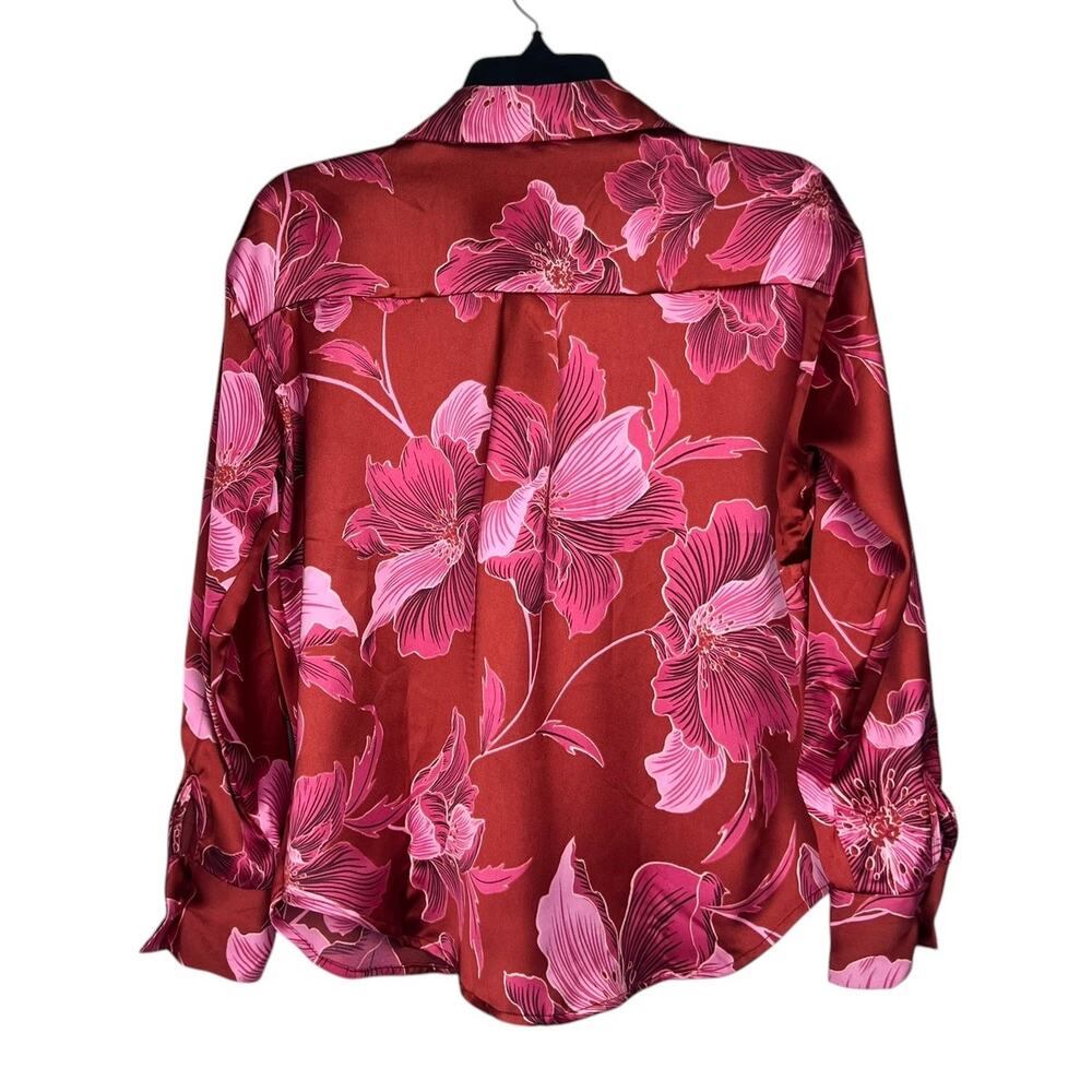 Bailey 44 Women's Size XS Satin Red Pink Floral Button-Up Long Sleeve Blouse Top - Picture 3 of 9